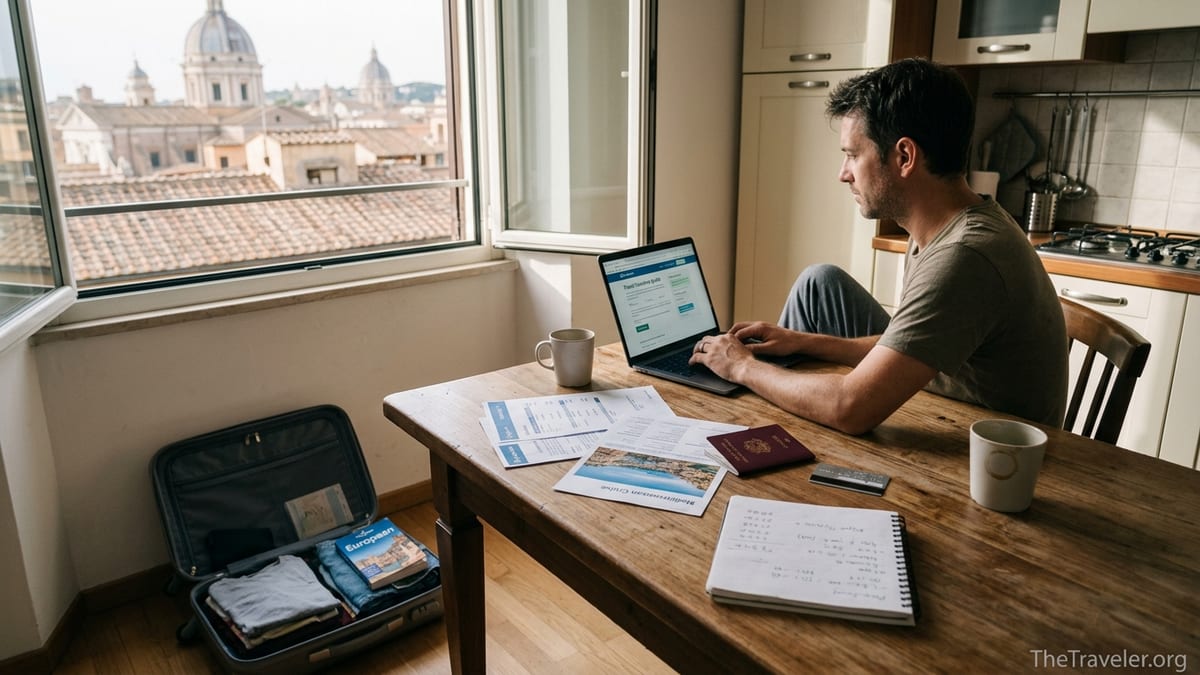 Traveler reviewing IMG travel insurance details on a laptop before an overseas trip.