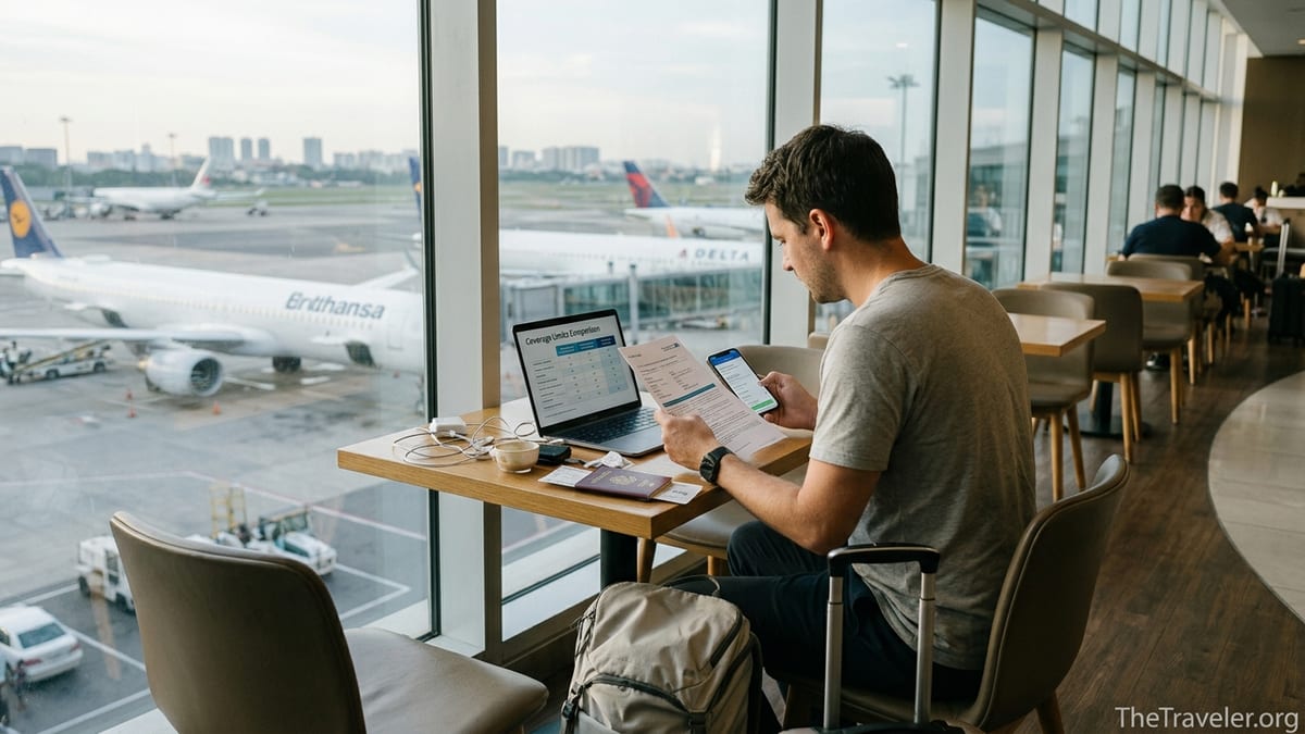 Traveler reviewing IMG travel insurance documents on a laptop and phone in an airport lounge.