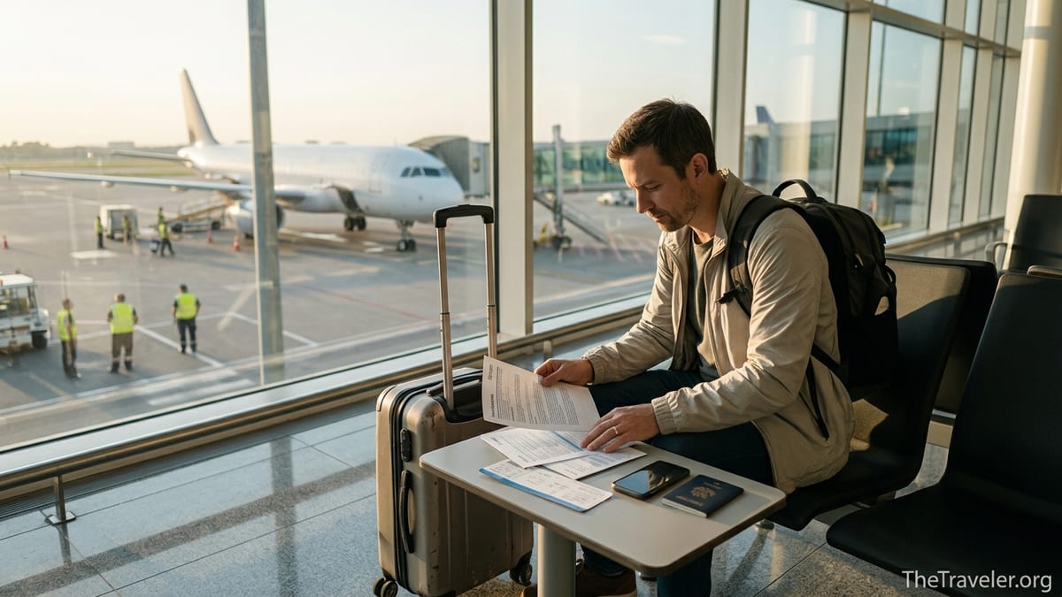 Traveler reviewing insurance papers at airport gate with suitcase at sunrise.