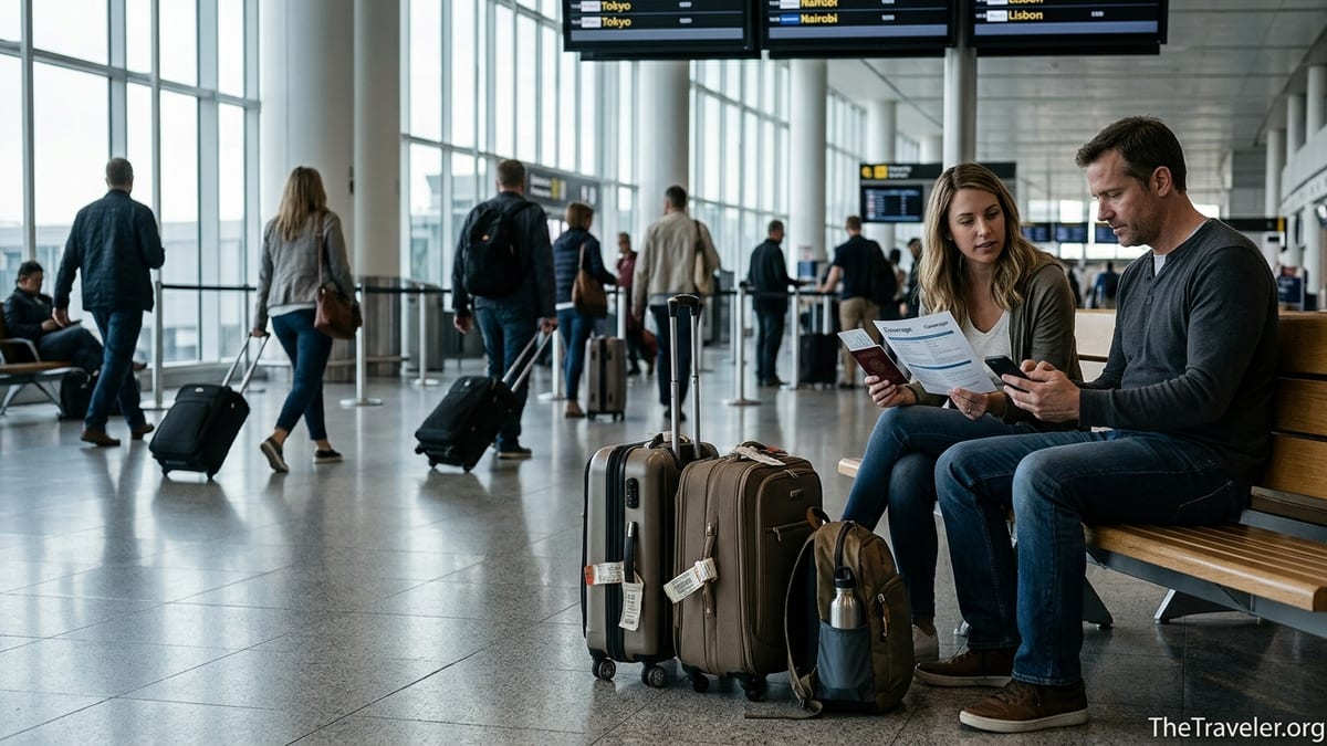 Travelers at an airport comparing travel insurance documents before an international flight.