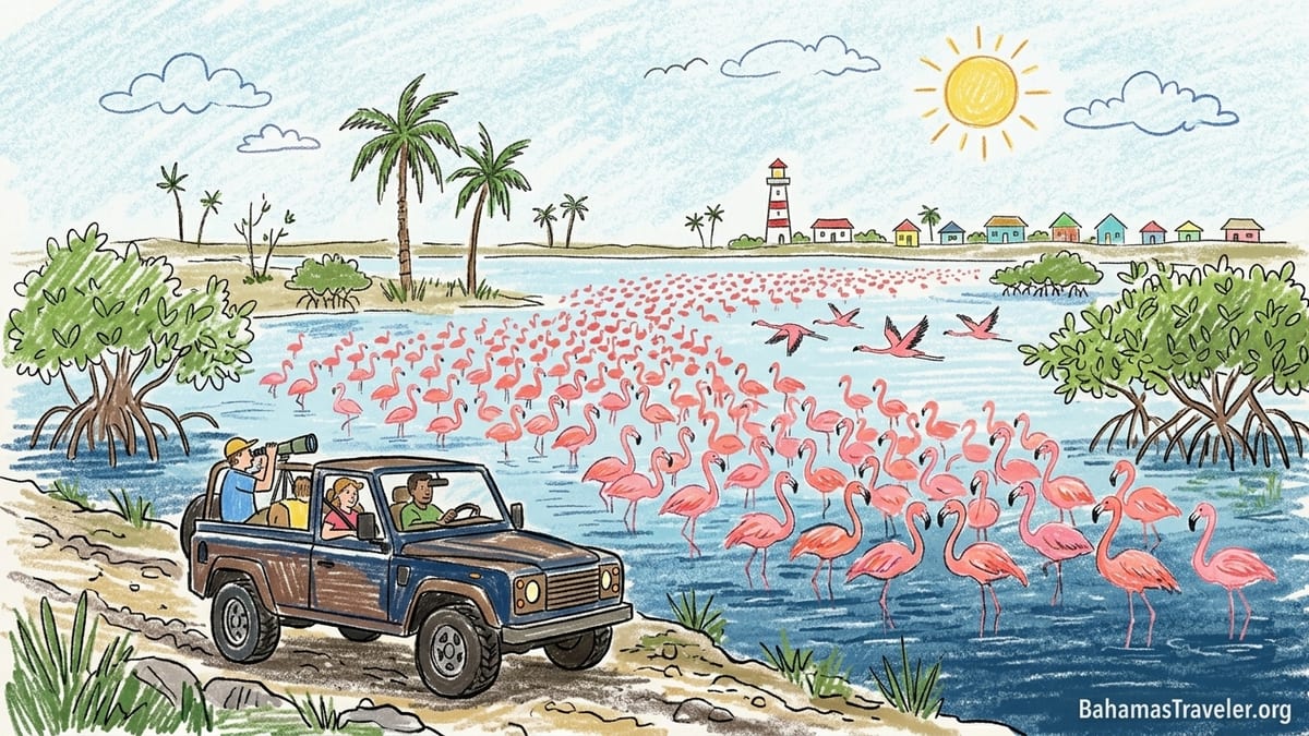 Aerial view of Lake Rosa on Great Inagua with distant flamingo flocks and a 4x4 parked on a shore track.