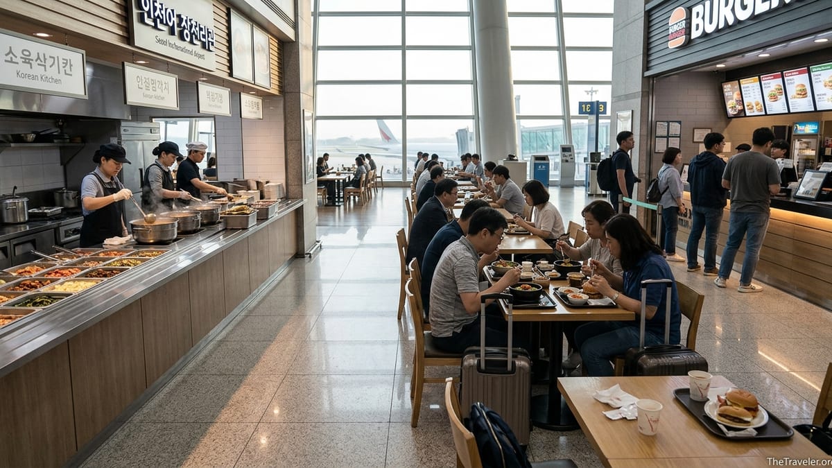 Travelers eating Korean and international food in a bright dining area at Incheon Airport.