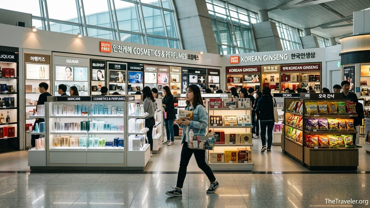Travelers shopping in bright duty free stores at Incheon Airport departure hall.