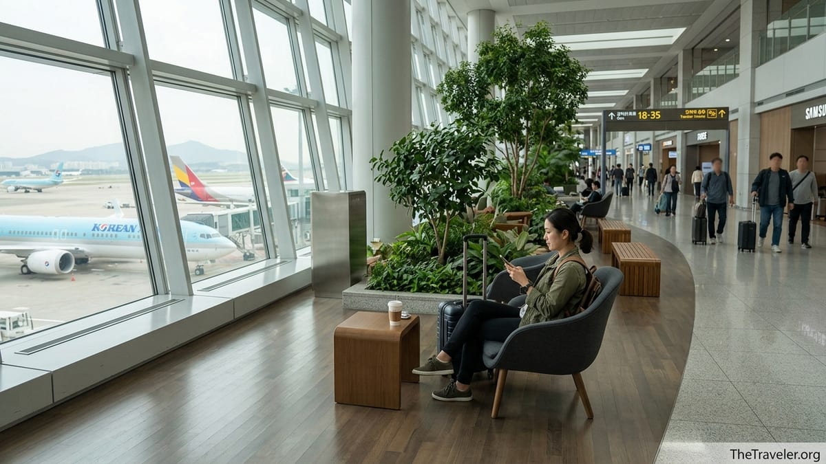 Traveler relaxing near an indoor garden at Seoul Incheon Airport during a long layover.