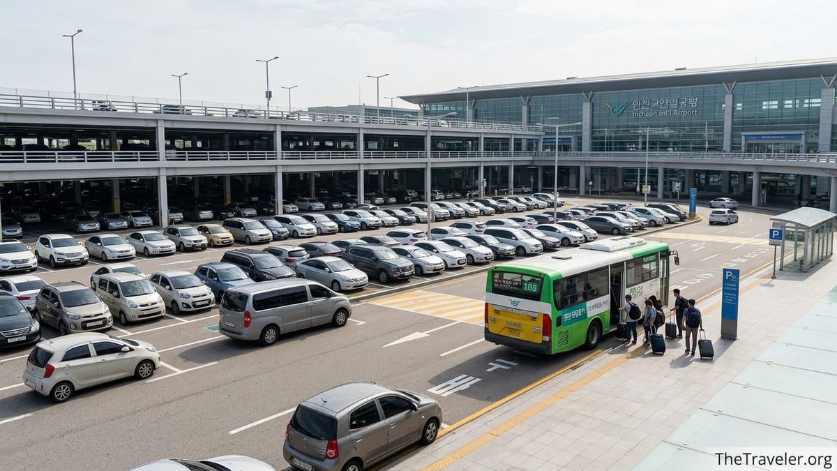 Parking garages and long-term lot with shuttle bus outside Seoul Incheon Airport Terminal 2.