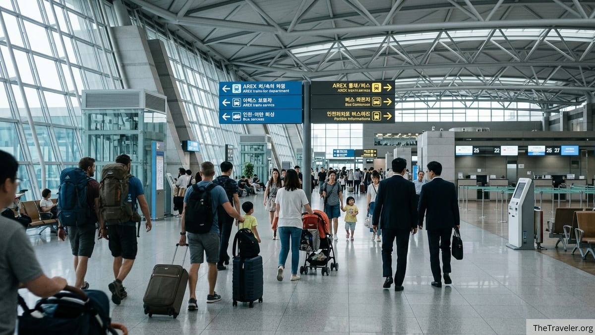 Travelers walking through Incheon Airport arrivals hall following signs to trains and buses.