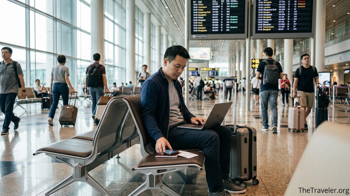 Traveller in an airport comparing travel insurance on a laptop before flying.