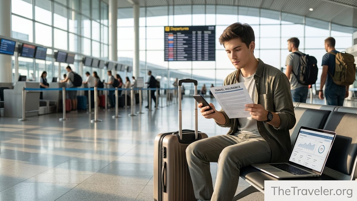 Traveler reviewing travel insurance documents in an airport departure hall.