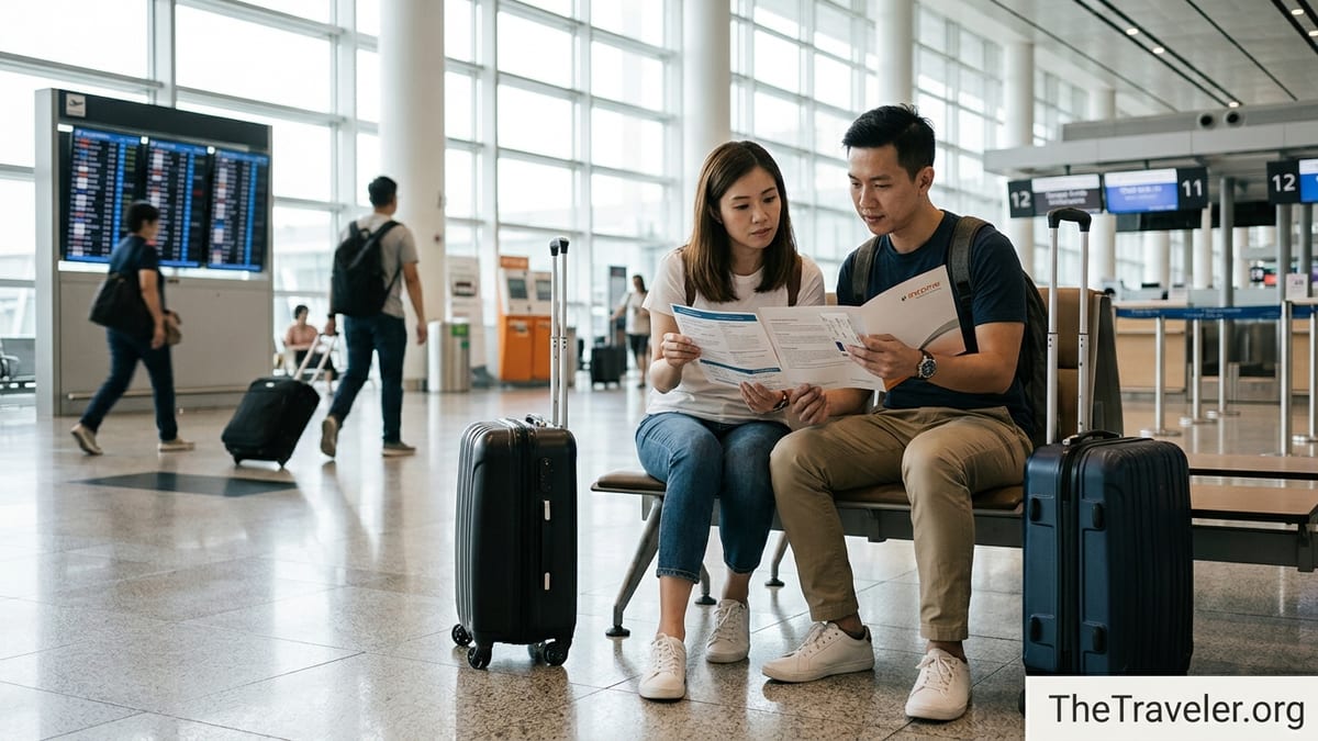 Travellers in an airport terminal reviewing travel insurance documents beside their luggage.