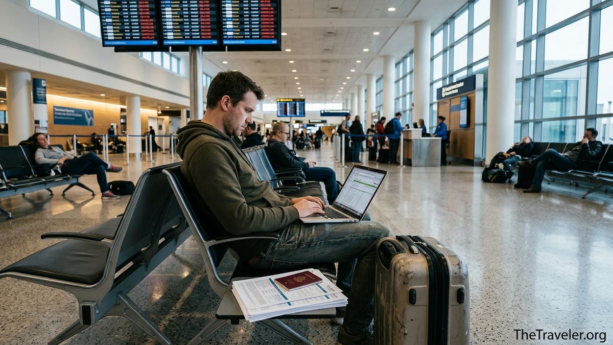 Traveler in airport studying insurance papers beside suitcase and laptop