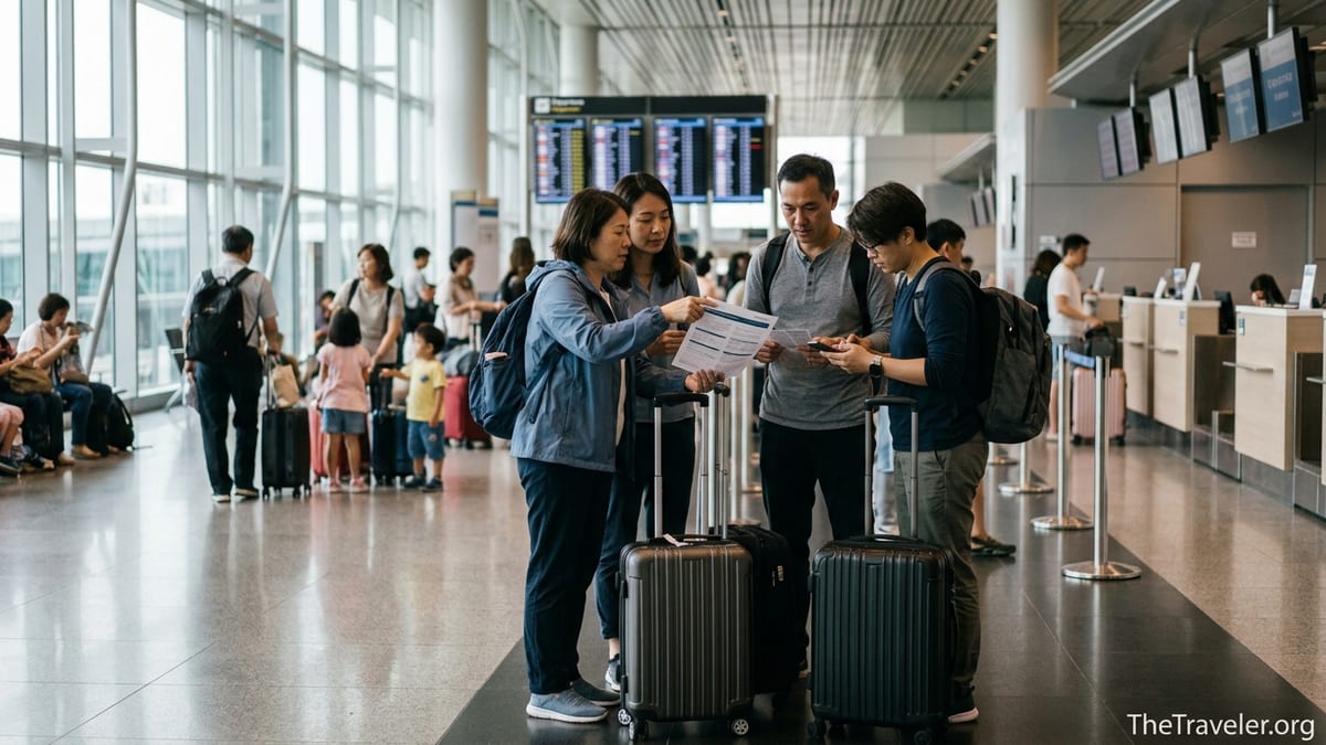 Travellers in a Singapore airport terminal comparing travel insurance documents before a flight.