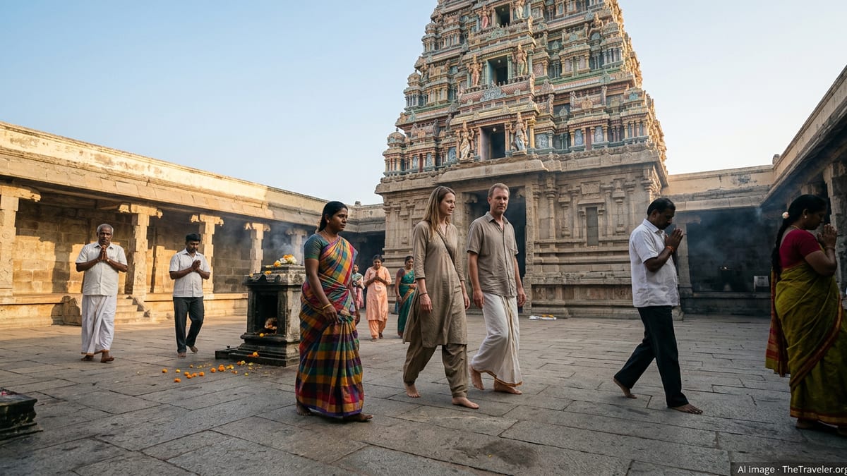 Travelers and devotees walking barefoot in a South Indian temple courtyard at sunrise, dressed modestly in traditional and w