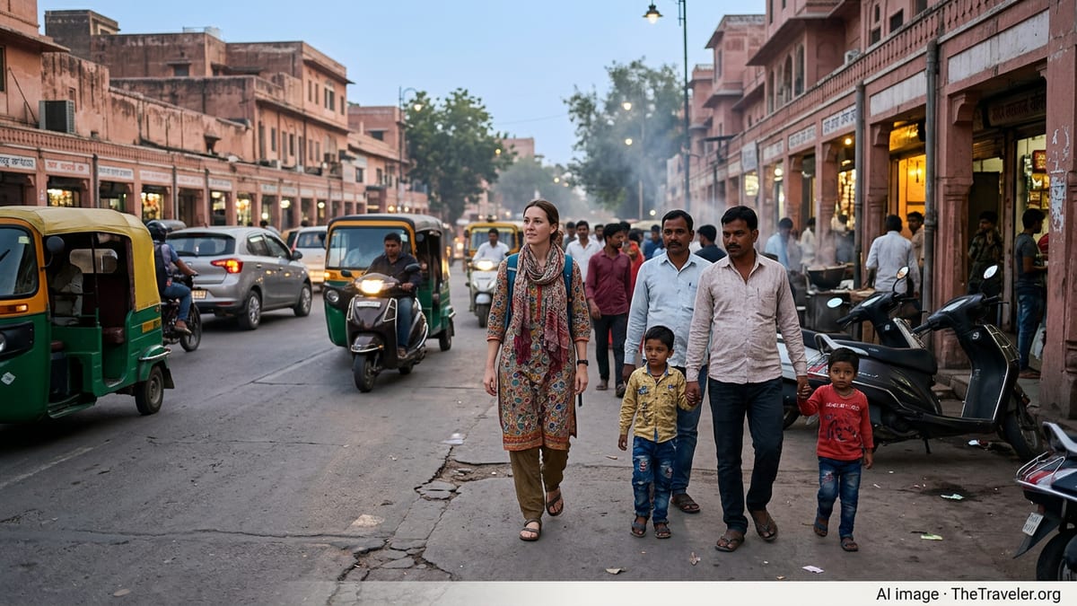 Solo traveler and family walking along a busy Jaipur street at dusk in India.