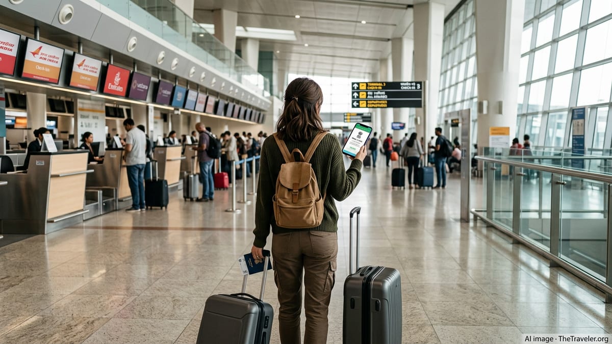 Traveler at Delhi airport holding passport and India e-visa on phone at check in area.
