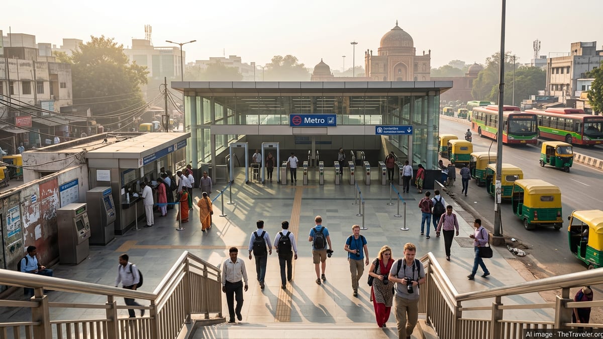 Tourists and commuters outside a Delhi Metro station with a historic monument in the distance.