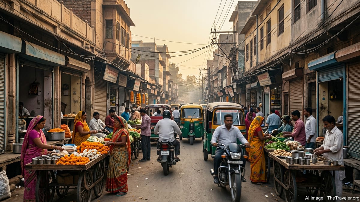 Morning market street in Old Delhi with vendors, rickshaws and soft golden light