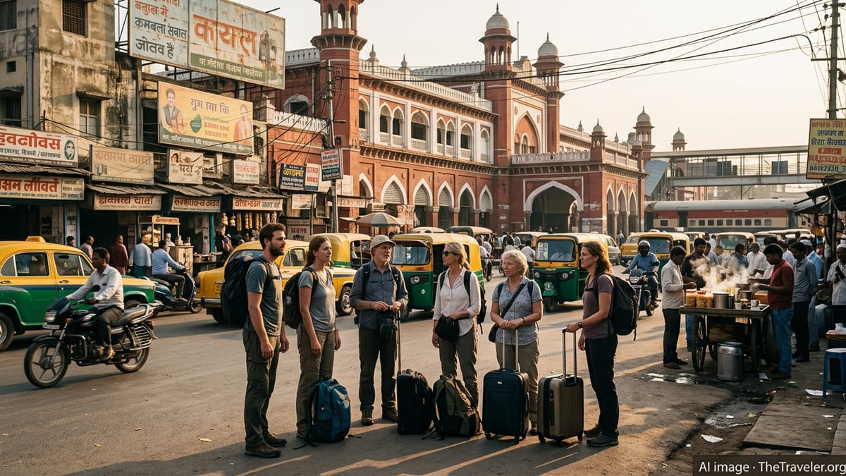 Travelers with backpacks and suitcases outside a busy Indian railway station at sunset.