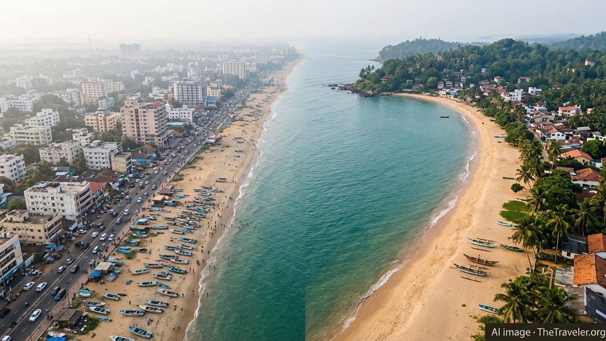 Aerial view comparing a busy Indian coast with a calmer Sri Lankan shoreline across the sea.