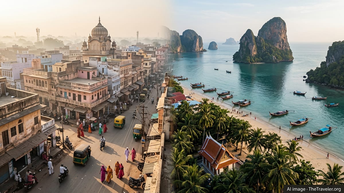 Split view of an Indian cityscape and a Thai seaside bay at sunrise, highlighting contrasting travel atmospheres.