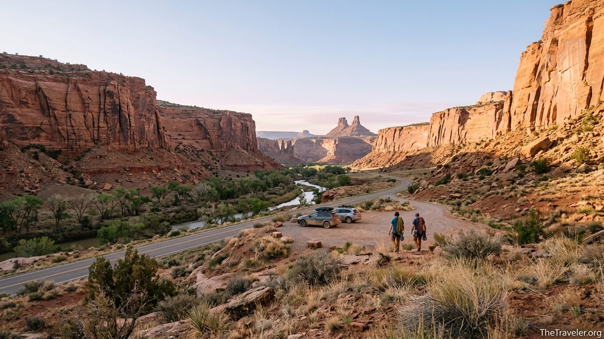 Late afternoon view of Indian Creek’s sandstone cliffs, highway and climbers walking toward the walls.