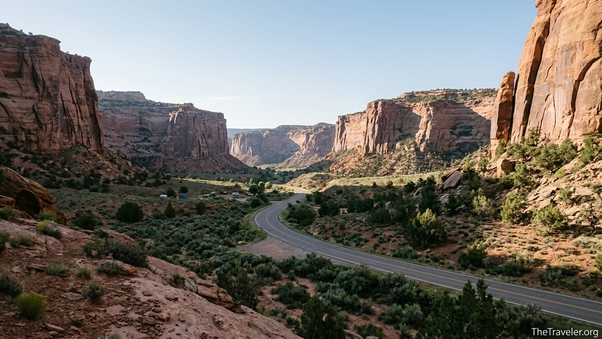 Early morning view of Utah’s Indian Creek canyon with UT-211 winding below red sandstone walls.
