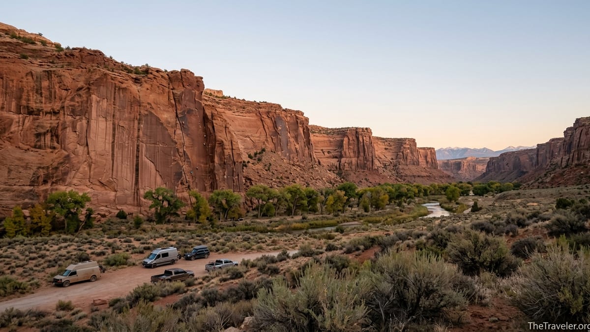 Golden-hour view of Indian Creek Utah cliffs, dirt road and parked climbers’ vans in a wide desert valley.