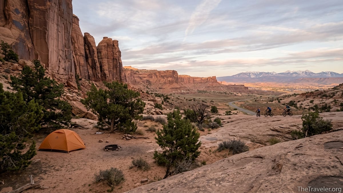 Desert campsite at Indian Creek with cliffs and distant Moab landscape at sunset.