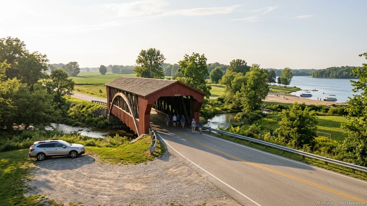 Country road crossing a red Indiana covered bridge with creek and distant lake on a sunny day.