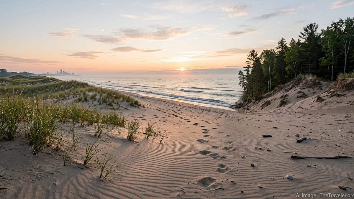 Sunrise over Lake Michigan with sandy dunes and beachgrass on a wide empty shoreline.
