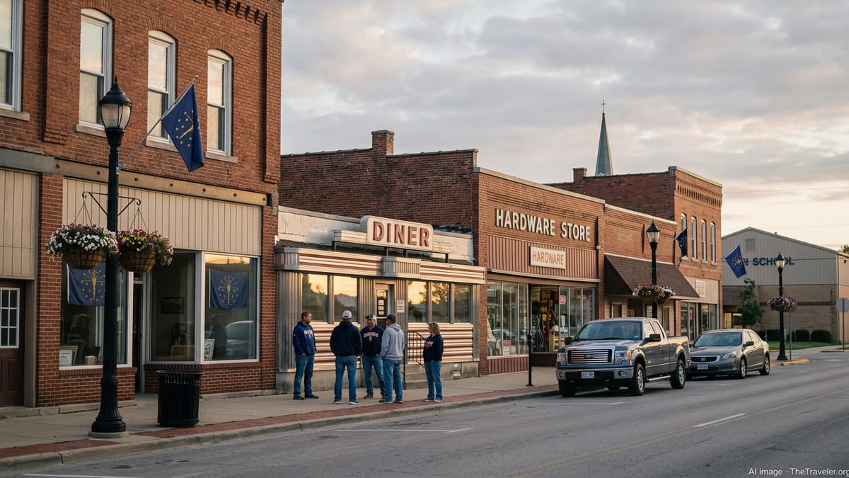 Small-town Indiana main street at golden hour with locals chatting outside a diner.