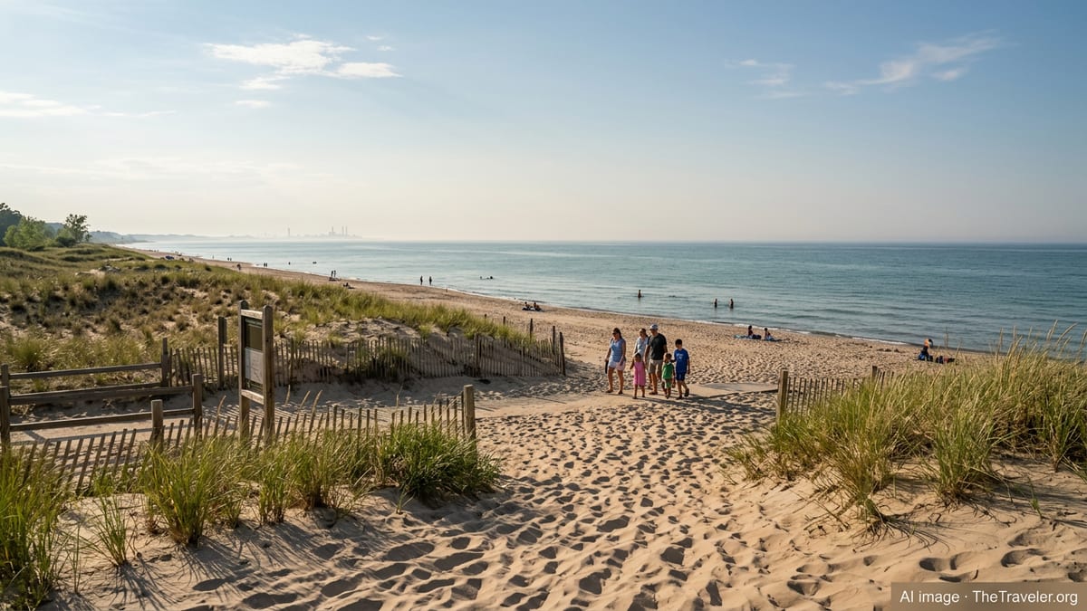 Late-afternoon view over Indiana Dunes with visitors walking toward the Lake Michigan shoreline.