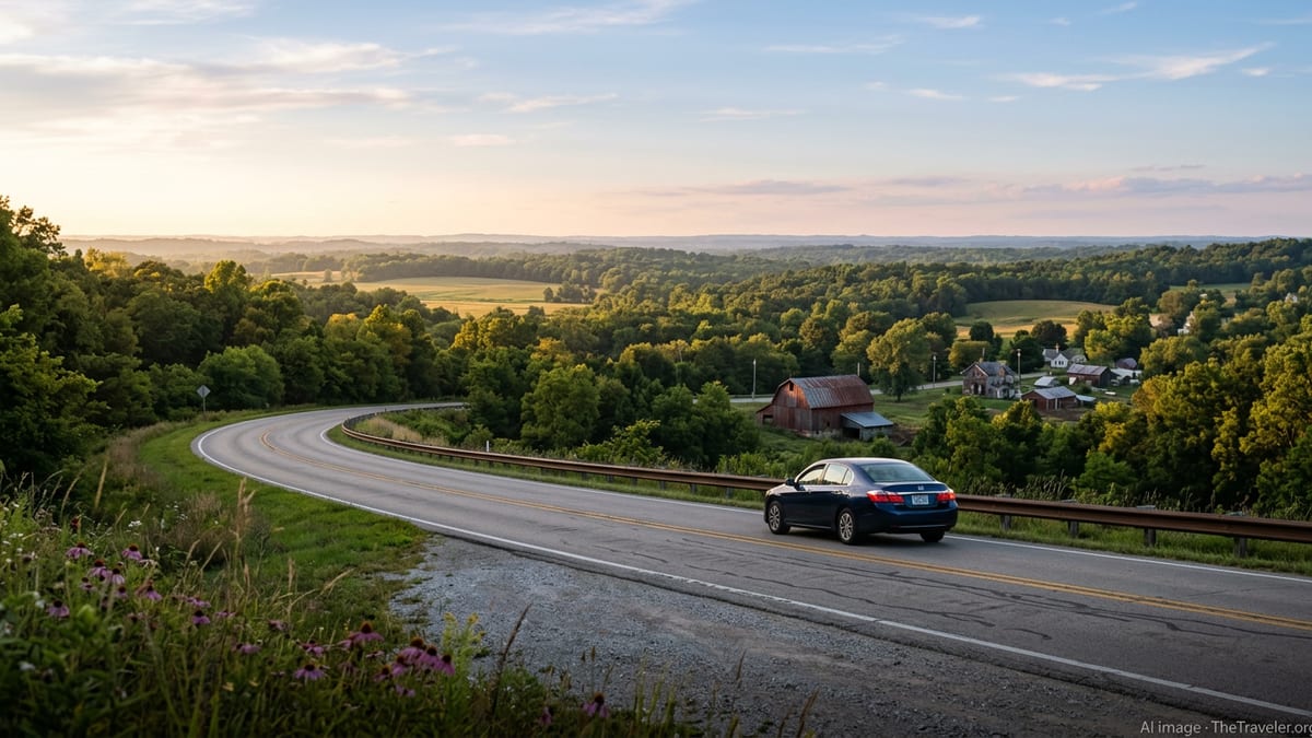 Curving highway through forested Indiana hills at sunset with a lone car driving away
