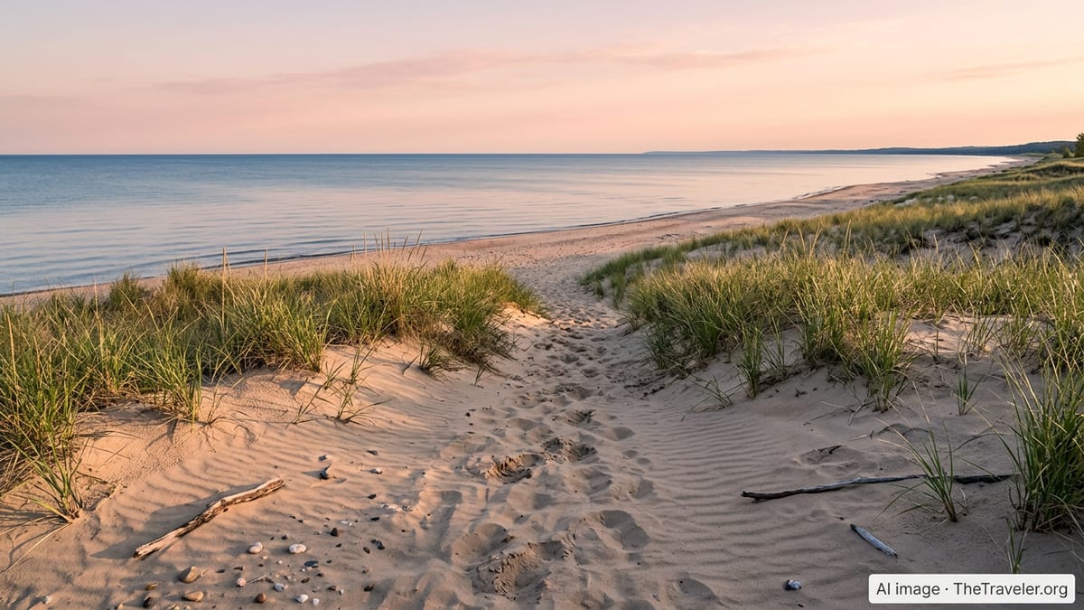 Sunrise over sand dunes and Lake Michigan shoreline at Indiana Dunes National Park.