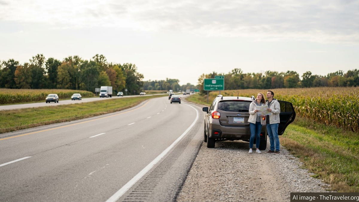 Couple stands by SUV on a quiet Indiana highway shoulder checking a map on a cloudy afternoon.