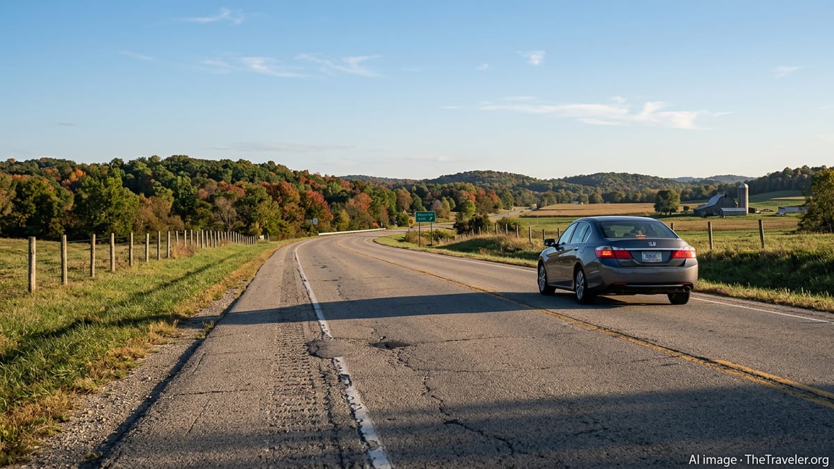 Car driving along a winding Indiana country road on a clear early autumn afternoon.