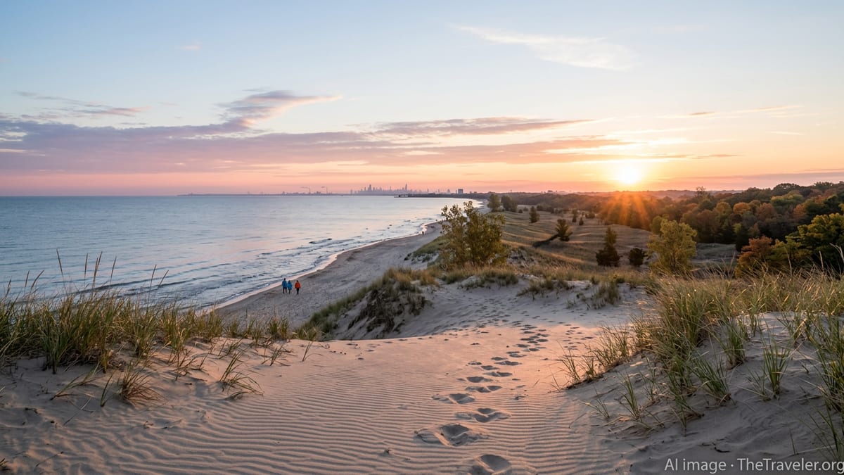 Sunrise over Lake Michigan from a dune ridge at Indiana Dunes in Indiana.