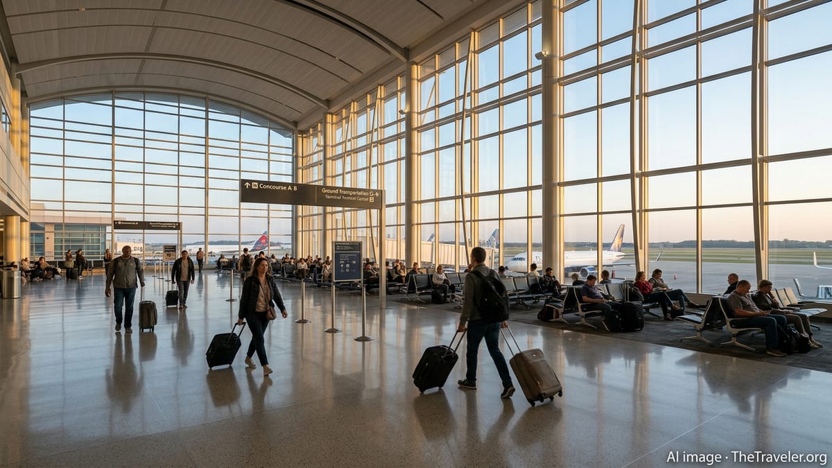 Travelers walking through the bright Civic Plaza at Indianapolis International Airport at sunrise.