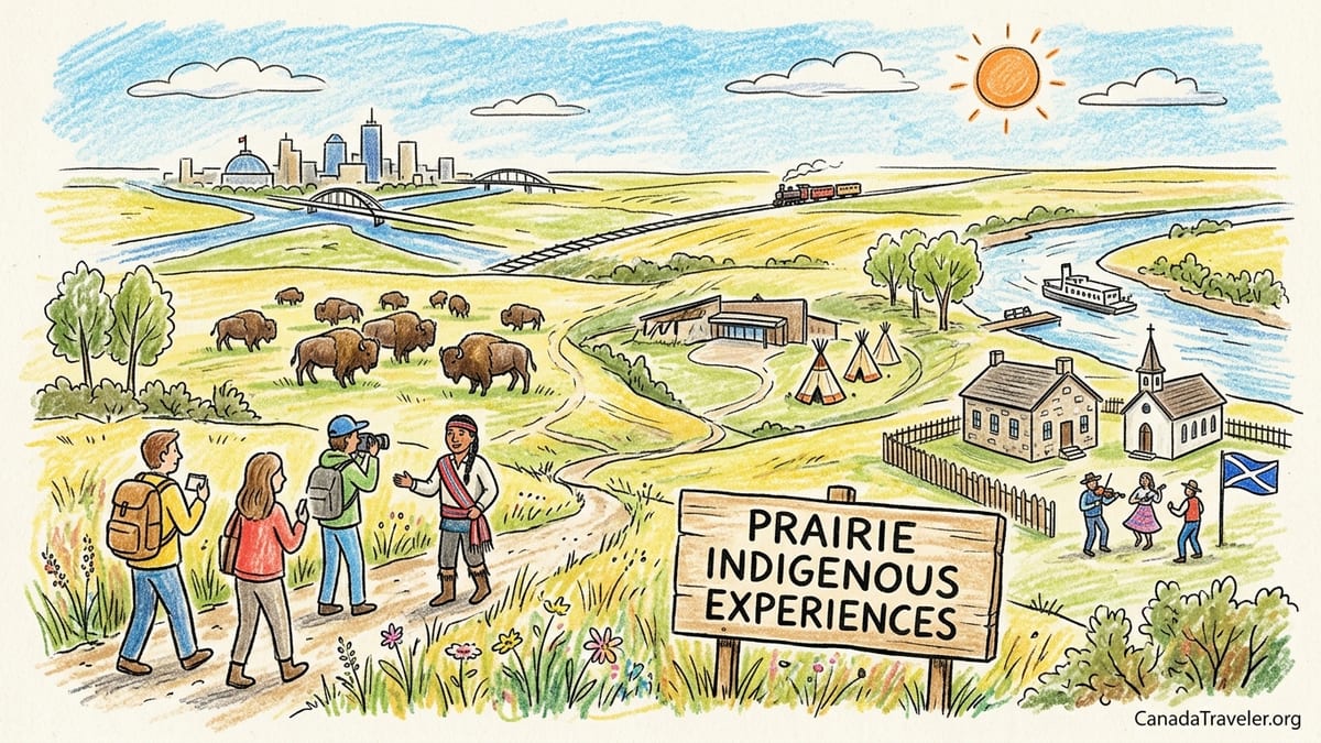 Sunrise over Wanuskewin Heritage Park valley with grazing bison and prairie grasslands.