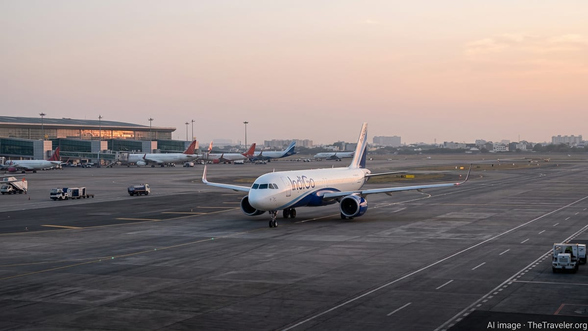 IndiGo aircraft taxis at an Indian airport at sunset as international operations resume.