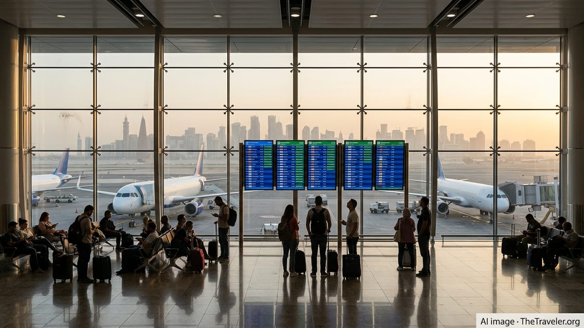Passengers watch cancellation boards at a Gulf airport as IndiGo suspends multiple Middle East routes.
