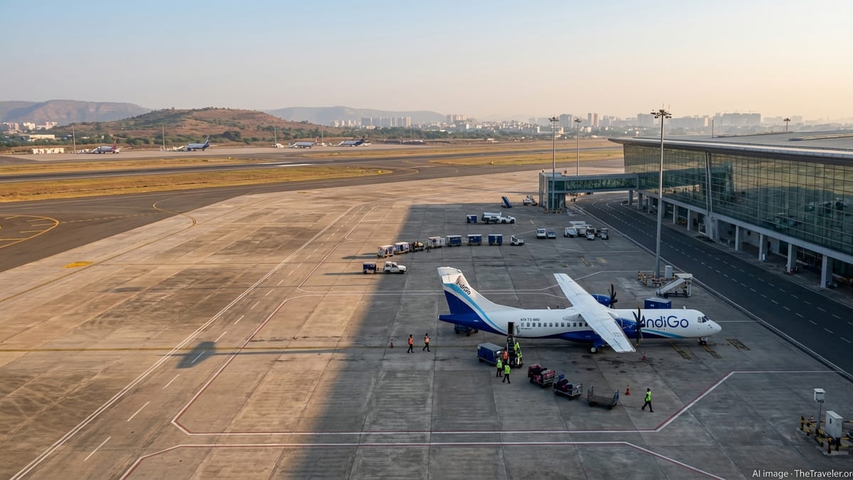 IndiGo ATR aircraft parked at Navi Mumbai International Airport with terminal and ground crew visible.