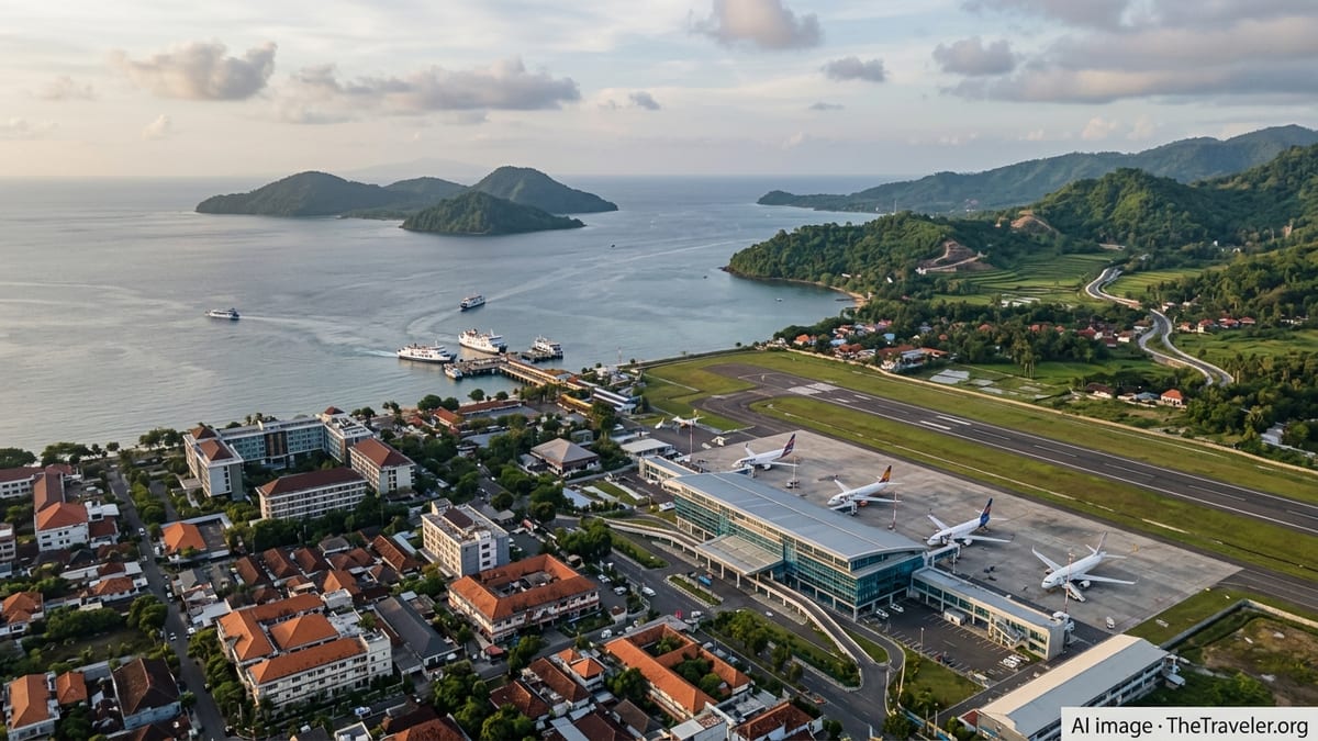 Aerial view of an Indonesian coastal airport and ferry port linking islands at sunset.