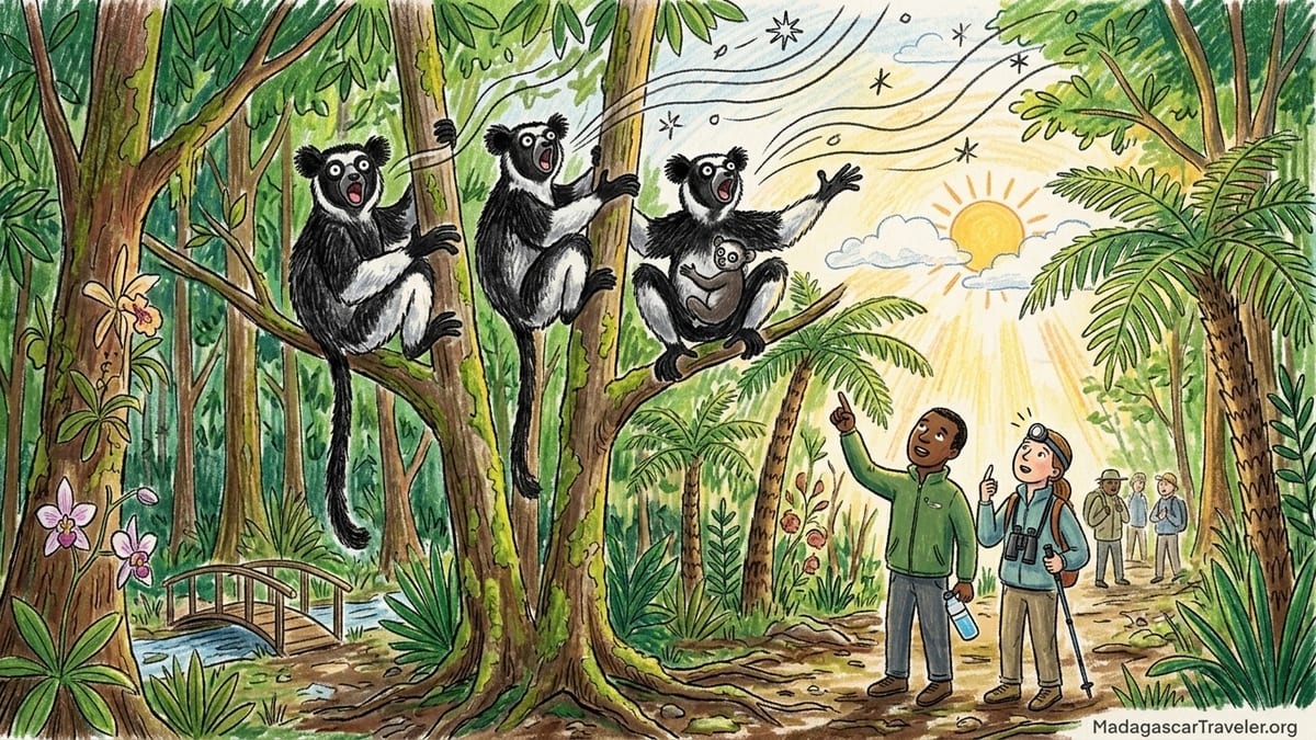 Indri lemurs high in the rainforest canopy above a muddy trail in Analamazaotra Reserve at dawn.