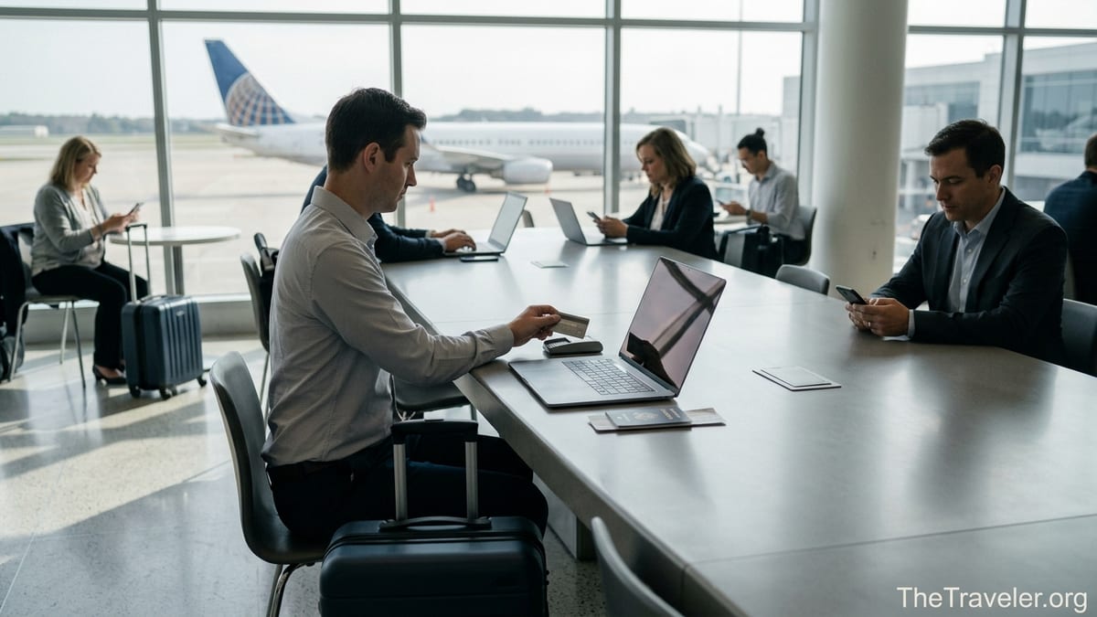 Business traveler using a credit card while working on a laptop in a bright airport terminal.
