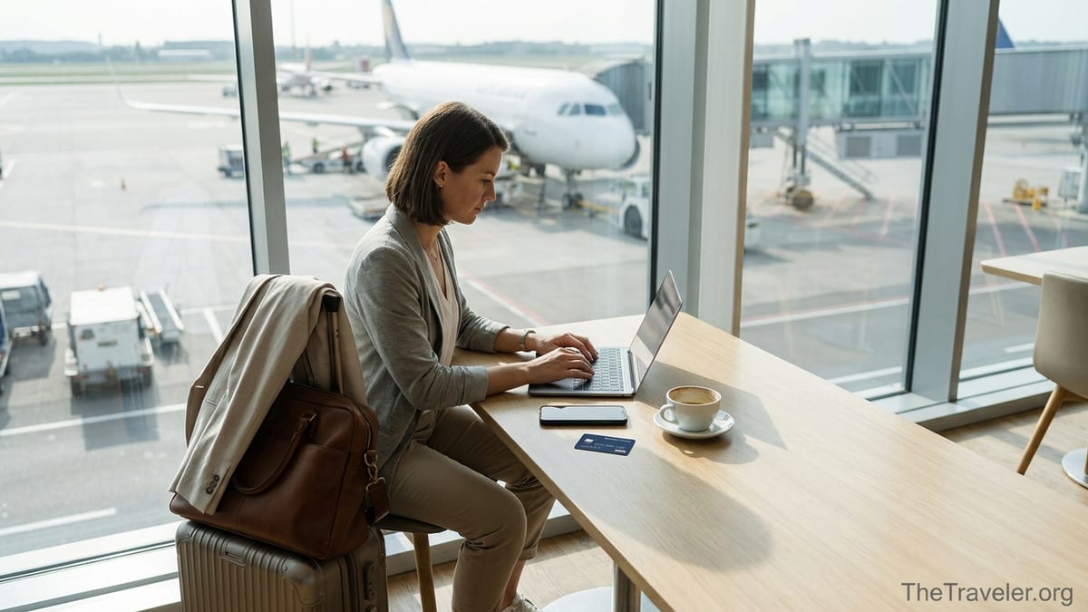 Business traveler using a laptop with a credit card on the table in an airport lounge.