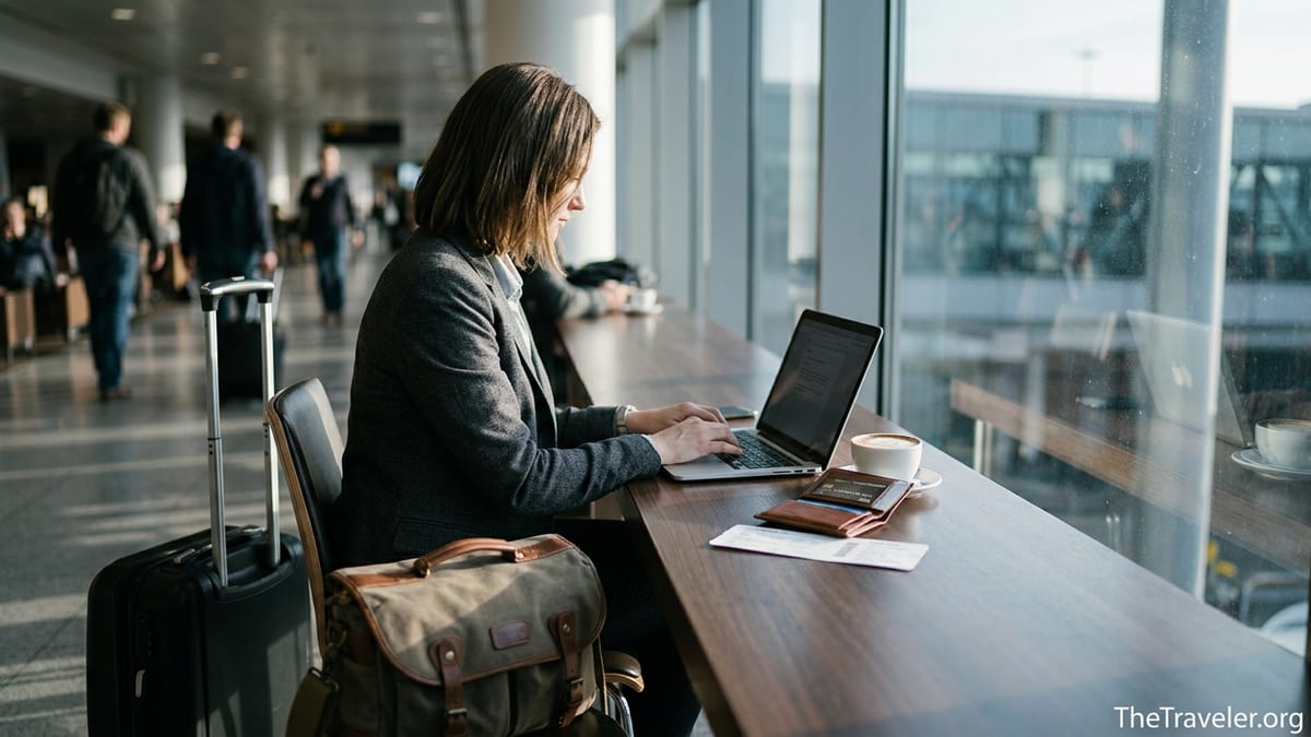 Business traveler working on laptop with wallet and card in an airport lounge.