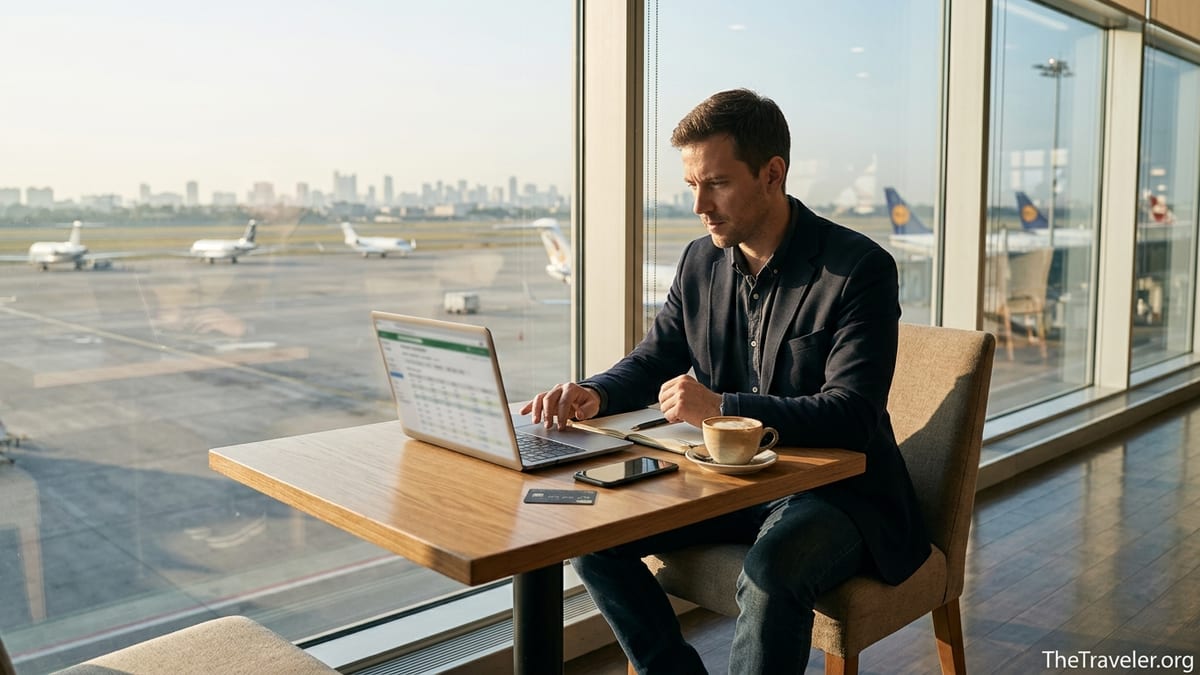 Business traveler in an airport lounge calculating credit card travel rewards on a laptop.