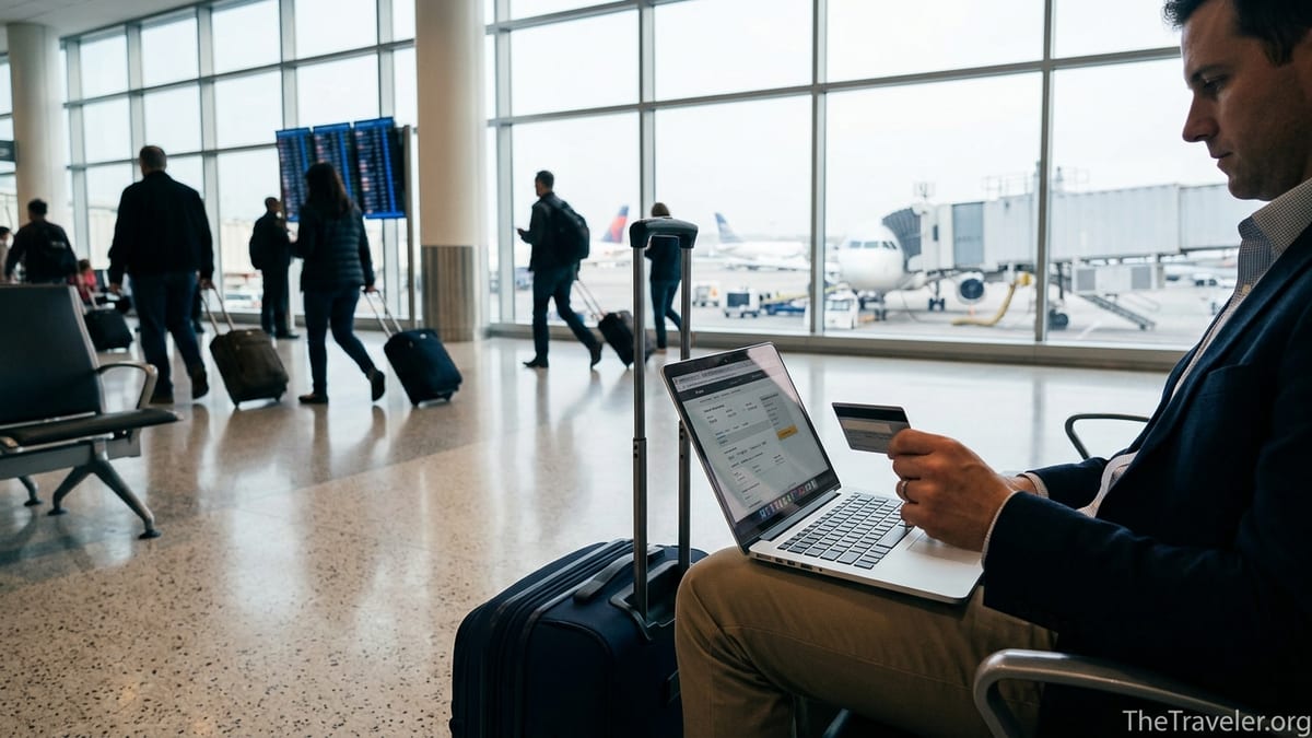 Business traveler in airport using a credit card to book a trip on a laptop.