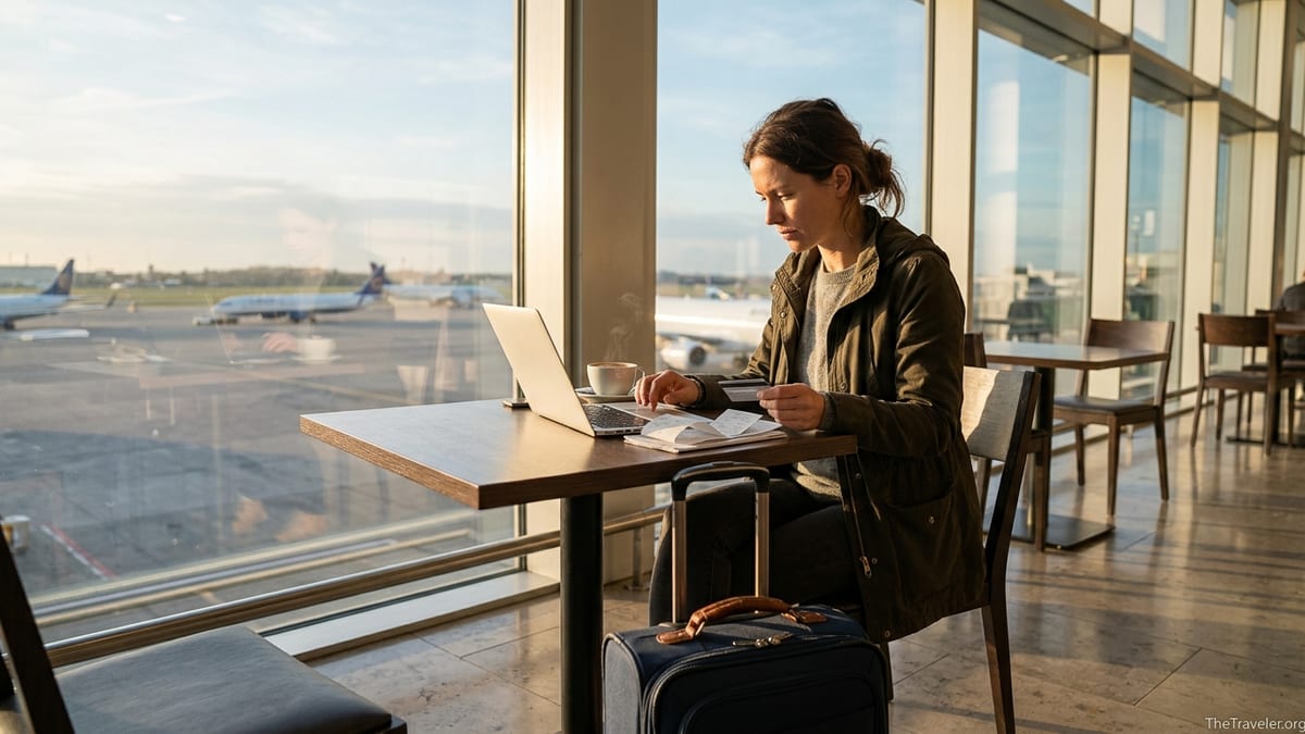 Business traveler with laptop and carry-on bag at airport window reviewing trip expenses.