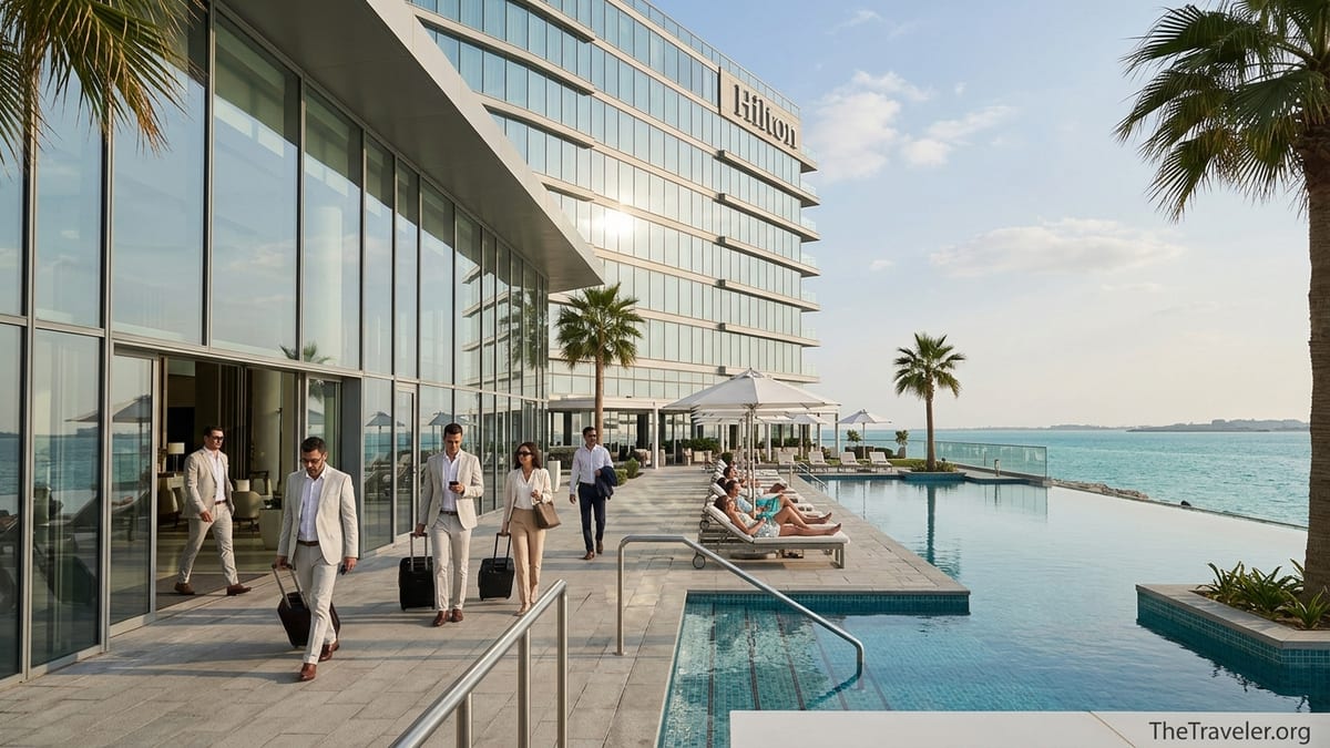 Hilton hotel with glass tower and pool terrace hosting both business and leisure guests